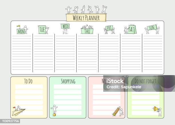 Cartoon Weekly Planner With People Stock Illustration - Download Image Now - Adult, Arrival Departure Board, Art