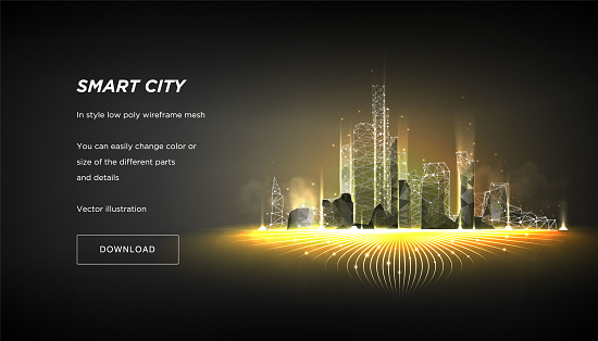 City of the Abstract low poly wireframe on dark background.Concept of smart cityand flow binary code.Plexus lines and points in the constellation.Polygonal particles.Vector 3d