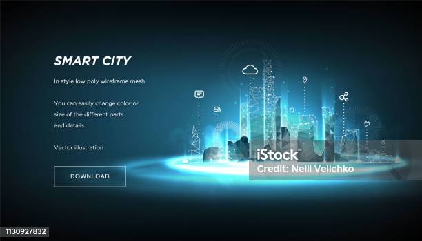 Ilustración de Ciudad Inteligente Baja Poli Estructura Alámbrica Sobre Fondo Azul Ciudad Futuro Abstracto O Metrópoli Concepto De Negocio Del Sistema De Automatización De Edificios Inteligente Espacio Poligonal Bajo Poli Con Puntos Y Líneas Conectadas Vecto y más Vectores Libres de Derechos de Ciudad