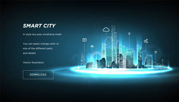 Smart city low poly wireframe on blue background.City future abstract or metropolis.Intelligent building automation system business concept.Polygonal space low poly with connected dots and lines.Vecto Smart city low poly wireframe on blue background.City future abstract or metropolis.Intelligent building automation system business concept.Polygonal space low poly with connected dots and lines.Vecto smart city stock illustrations