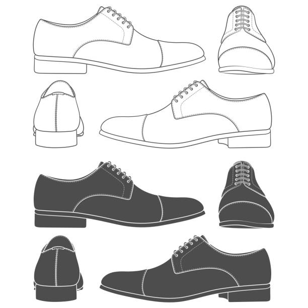 zestaw czarno-białych ilustracji z klasycznymi męskimi butami. izolowane obiekty wektorowe. - business human foot shoe men stock illustrations