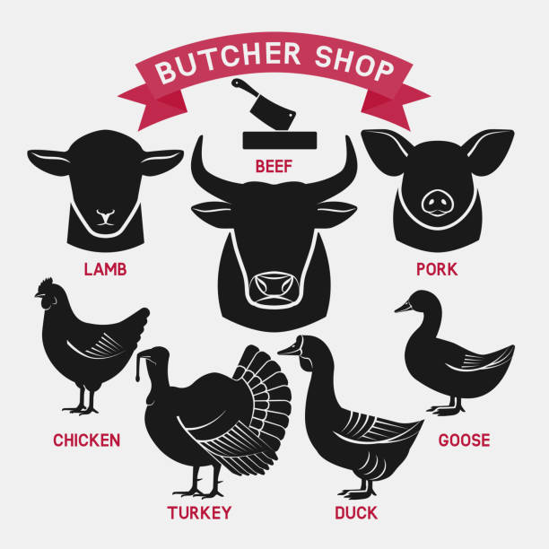 sylwetki zwierząt zestaw. ikony sklepu mięsnego - pig silhouette animal livestock stock illustrations