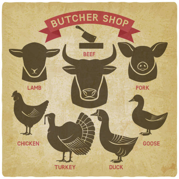 silhouettes of animals set. butcher shop icons vintage background silhouettes of animals set. butcher shop icons vintage background. vector illustration - eps 10 goose meat illustrations stock illustrations