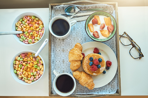 High angle shot of a healthy breakfast on a serving tray