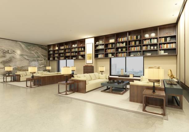 istock 3d render of luxury hotel lobby and library 1130930232