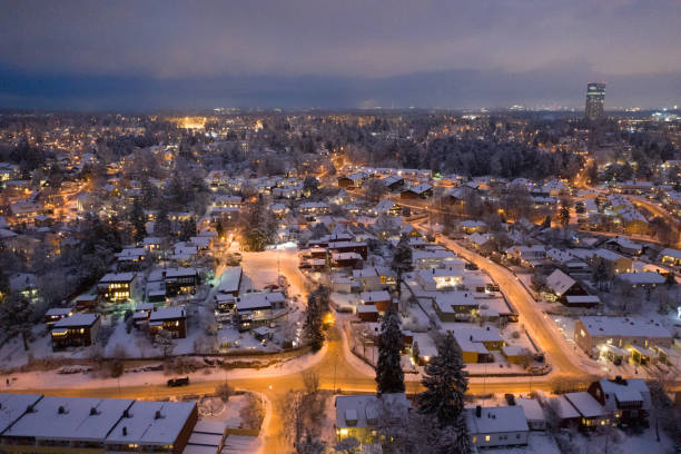 istock Flying over villa area, winter night 1130930608