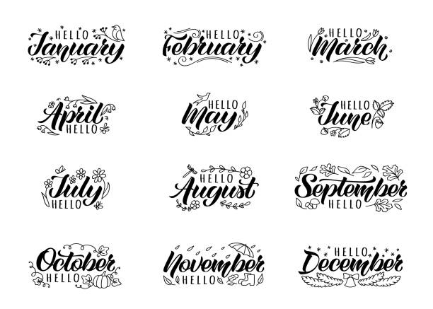 Set of hand drawn lettering with names of months and doodles. Set of hand drawn lettering with names of months and doodles. Hand written months titles for print, invitation or greeting cards, brochures, poster, calender, planner, diary, t-shirts, mugs. december calligraphy stock illustrations