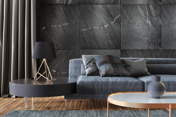 istock Luxury living room with black wall tiles and copy space 1130931310