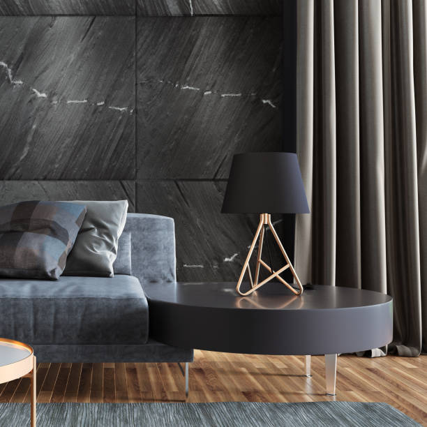 Luxury living room with black wall tiles and copy space