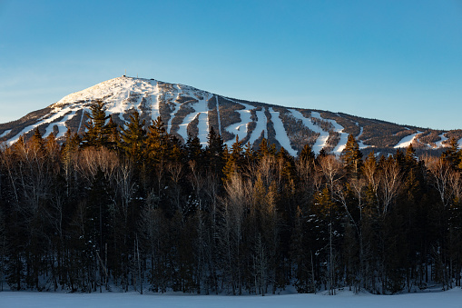 A blue sky morning view of Sugarloaf, photographed from the nordic ski center on February 20, 2019.