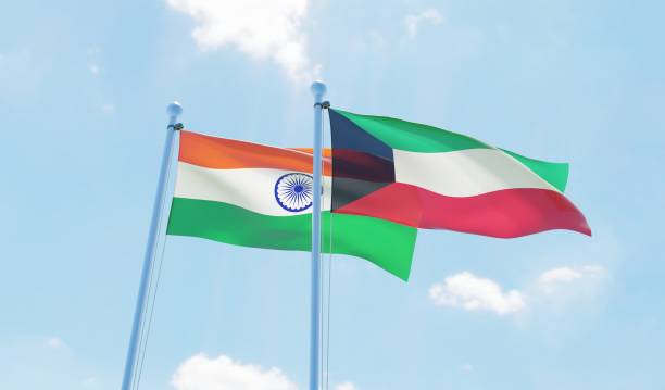 istock Kuwait and India, two flags waving against blue sky 1130931688