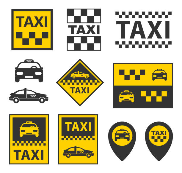 ilustraciones, imágenes clip art, dibujos animados e iconos de stock de conjunto de iconos de taxis, señales de servicio de taxi en vector - tourist silhouette symbol computer icon