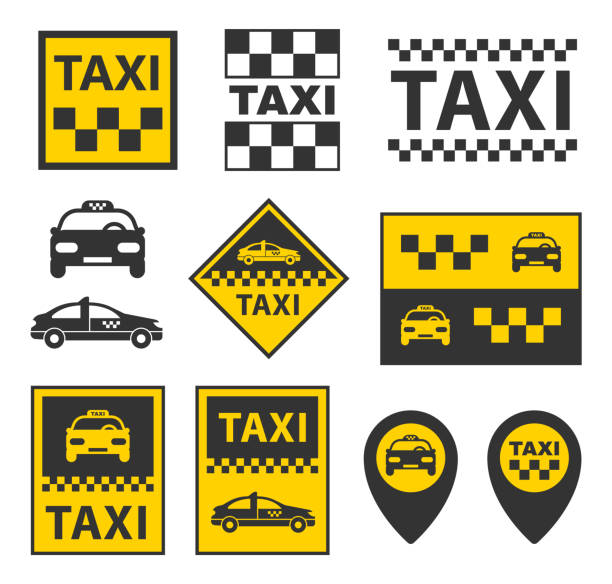 ilustrações de stock, clip art, desenhos animados e ícones de taxi icons set, taxi service signs in vector - taxi