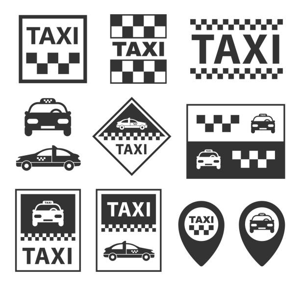 taxi icons, taxi service signs set in vector taxi icons set, taxi service signs in vector taxi logo background stock illustrations