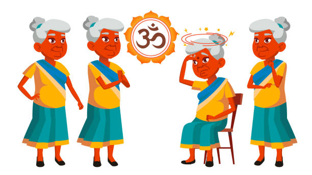 indian old woman poses set vector. ältere menschen. senior person. alt. schöne retiree. leben. design. isolierte karikto-illustration - bollywood prayer position indian culture indian ethnicity stock-grafiken, -clipart, -cartoons und -symbole