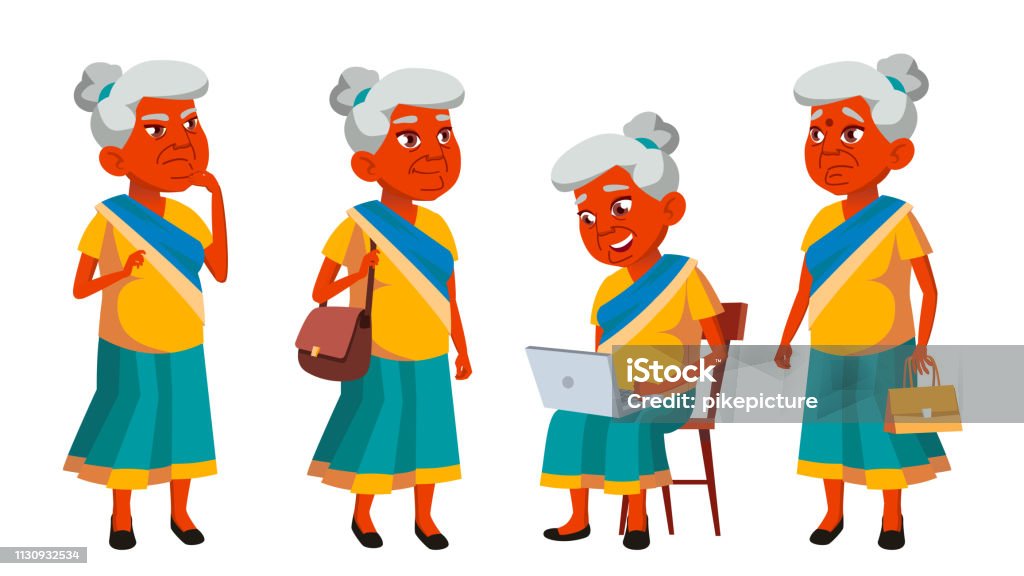 Indian Old Woman Poses Set Vector Elderly People Senior Person Aged  Friendly Grandparent Banner Flyer Brochure Design Isolated Cartoon  Illustration Stock Illustration - Download Image Now - iStock