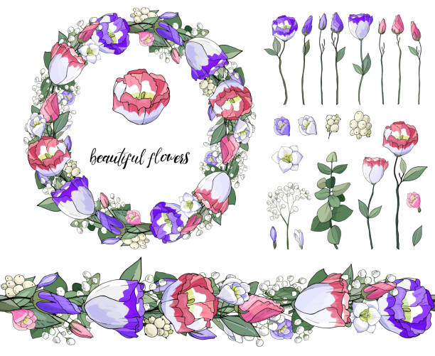 Stock vector floral set of flower brush from pink and blue eustomas with beautiful wreath. Collection of objects for floral and wedding design. Isolated and hand drawn vector illustration. Floral design, flower backdrop. Festive hand drawn pattern,  elements, spring, wedding. blue gentian stock illustrations