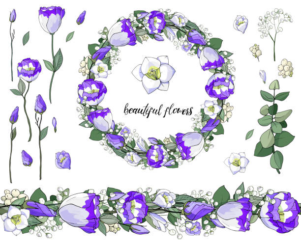 Stock vector floral set of flower brush from blue eustomas and beautiful wreath. Collection of objects for floral and wedding design. Isolated and hand drawn vector illustration. Floral design, flower backdrop. Festive hand drawn pattern,  elements, spring, wedding. blue gentian stock illustrations