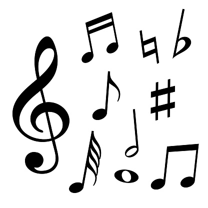 Set of music notes. Black silhouette isolated on white background. Vector illustration