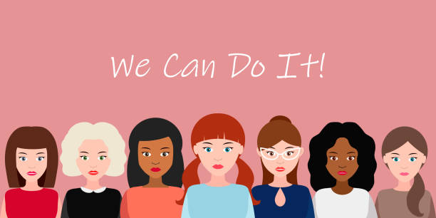 We Can Do It. Symbol of female power, woman rights, protest, feminism. Vector. We Can Do It poster. Strong girl. Symbol of female power, woman rights, protest, feminism. Vector illustration rosie the riveter cartoon stock illustrations