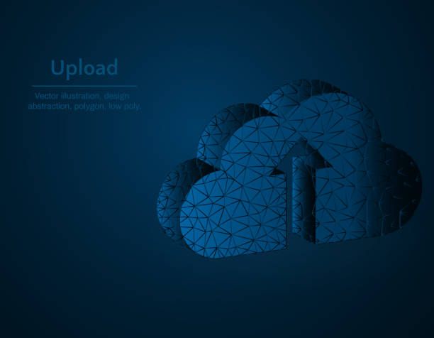 istock Upload symbol low poly vector illustration, Cloud and arrow to the top polygonal icon, dark blue background 1130943393