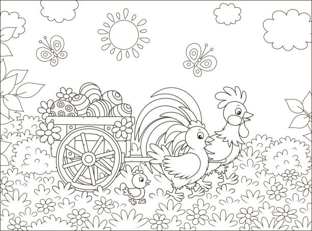 ilustrações, clipart, desenhos animados e ícones de família da galinha com um carro de ovos de easter - easter egg paint black and white drawing