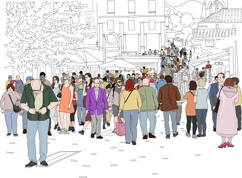 Hand drawn vector illustration. A crowd of people walk on a busy day in Monastiraki Square in Athens, Greece.