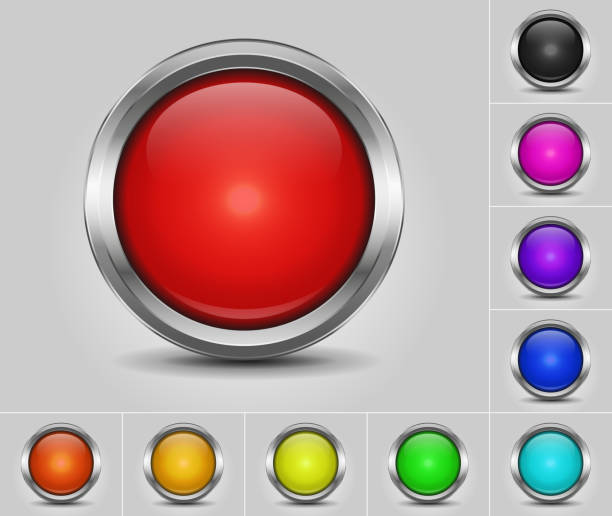 okrągłe kolorowe przyciski z metalowymi obramowaniami - push button keypad symbol technology stock illustrations
