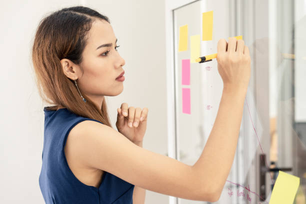 istock Solving problem Concept. woman working together on glass board to thinking ideas for solve her problems. 1130945754