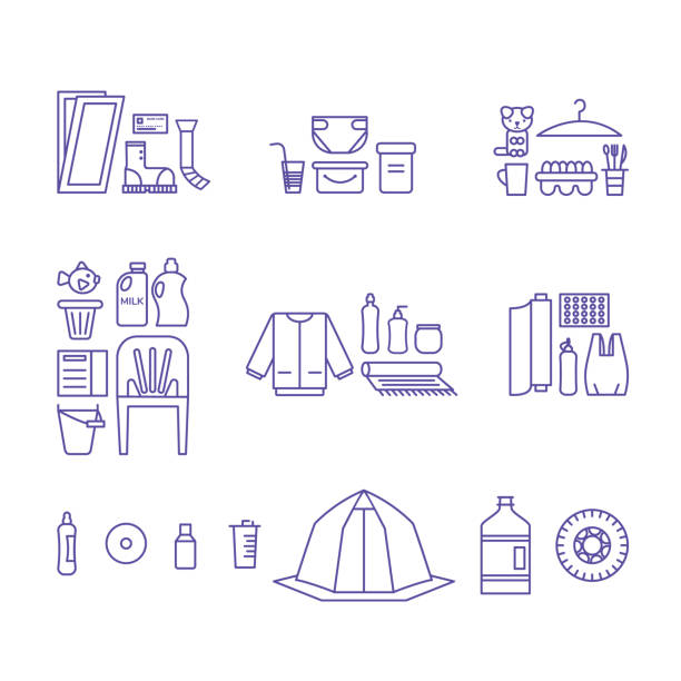 ilustrações de stock, clip art, desenhos animados e ícones de set of different plastics. synthetic clothing, bottles, toys, food containers and others. - polyethylene terephthalate