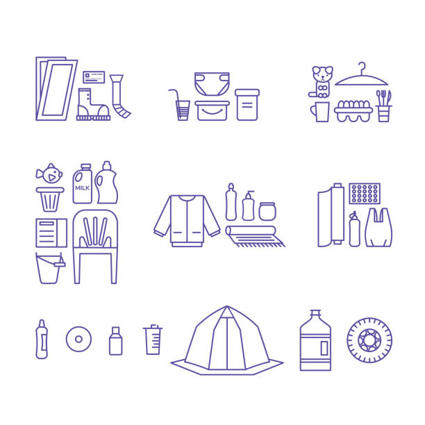 Set of different plastics. Synthetic clothing, bottles, toys, food containers and others. Vector illustration. Set of different plastics. Synthetic clothing, bottles, toys, food containers and others. polyethylene terephthalate stock illustrations