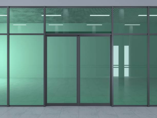 Automatic sliding doors 3D illustration. The facade of a modern shopping center or station, an airport with automatic sliding doors. automatic stock pictures, royalty-free photos & images