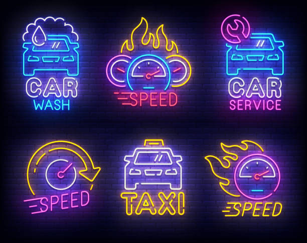 Automotive set neon logo. Car Wash. Taxi and Car Service label and emblem. Neon sign, isolated sticker, bright signboard, light banner. Vector illustration Automotive set neon logo. Car Wash. Taxi and Car Service label and emblem. Neon sign, isolated sticker, bright signboard, light banner. Vector illustration. vintage speedometer stock illustrations