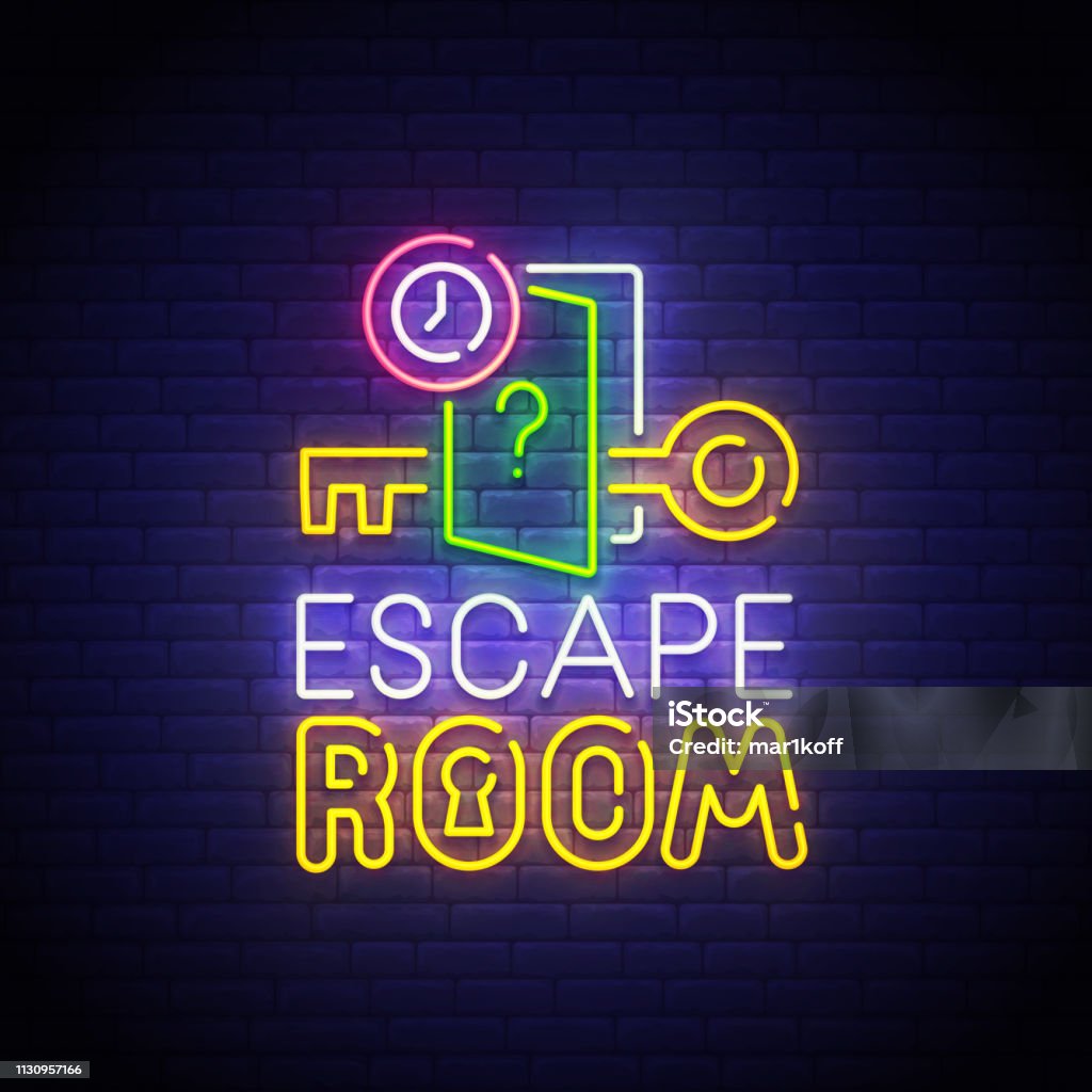 Escape Room Neonschild, helles Schild, helles Banner. Quest-Zimmer-Logo neon, Emblem. Vektorabbildung - Lizenzfrei Escape Game Vektorgrafik