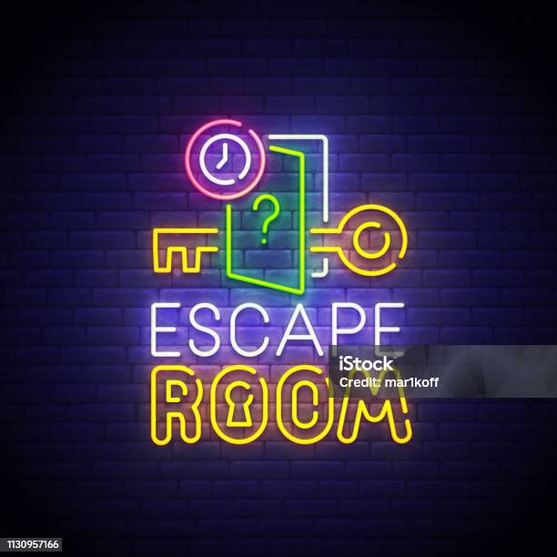 Escape Room Neonschild Helles Schild Helles Banner Questzimmerlogo Neon Emblem Vektorabbildung Stock Vektor Art und mehr Bilder von Escape Game