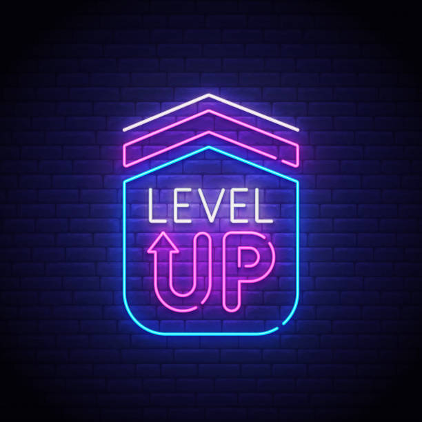 ilustrações de stock, clip art, desenhos animados e ícones de game popup. level up neon sign, bright signboard, light banner. game logo neon, emblem. vector illustration - vector icon video