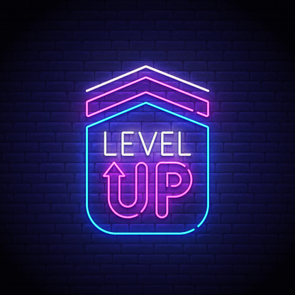 Game popup. Level up neon sign, bright signboard, light banner. Game logo neon, emblem. Vector illustration.