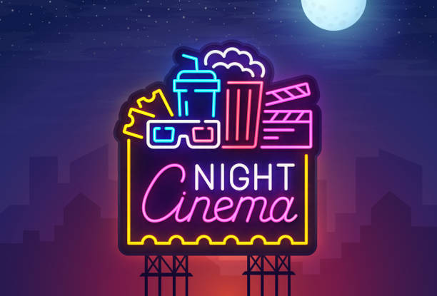 Night city. Sign neon. Cinema billboard. Bright signboard, light banner. Cinema logo. Vector illustration. Night city. Sign neon. Cinema billboard. Bright signboard, light banner. Cinema logo. Vector illustration scenery video stock illustrations