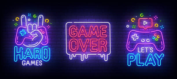 ilustrações de stock, clip art, desenhos animados e ícones de big set neon sing. game room label and symbol. gamer banner, emblem and label. bright signboard, light banner. vector illustration - retro revival video game joystick gamer