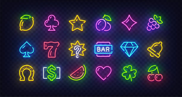 Game icons for casino isolated. Icon from slot machine. Slot neon sign. Casino, Slot machine, Gambling. Bright signboard, light banner. Neon isolated icon, emblem. Vector illustration Game icons for casino isolated. Icon from slot machine. Slot neon sign. Casino, Slot machine, Gambling. Bright signboard, light banner. Neon isolated icon, emblem. Vector illustration. casino illustrations stock illustrations
