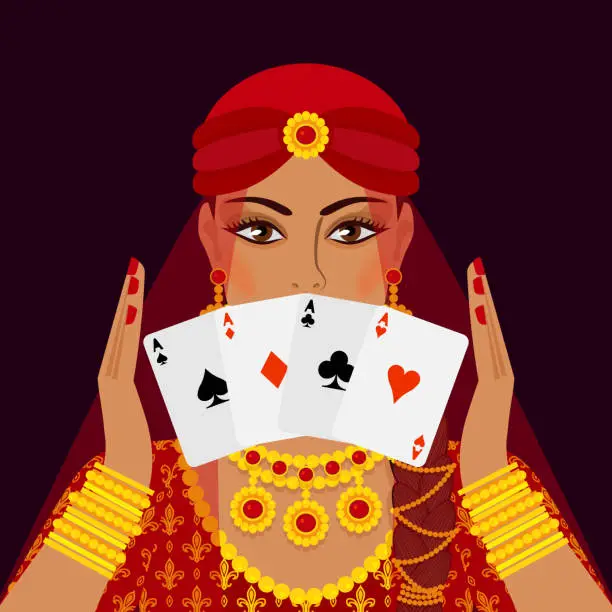 Vector illustration of fortune teller with four card aces