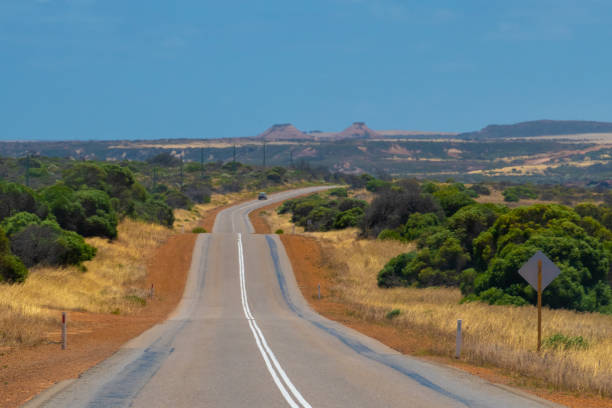 istock Road leading over small hills in australian bush landscape during hot spring 1130963588