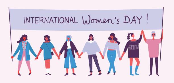 Happy Women's international day Colorful vector illustration concept of Happy Women's international day . Group of happy female friends, union of feminists, sisterhood holding hands in flat design global girlfriend stock illustrations