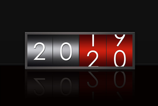 2020 countdown timer isolated on black background.