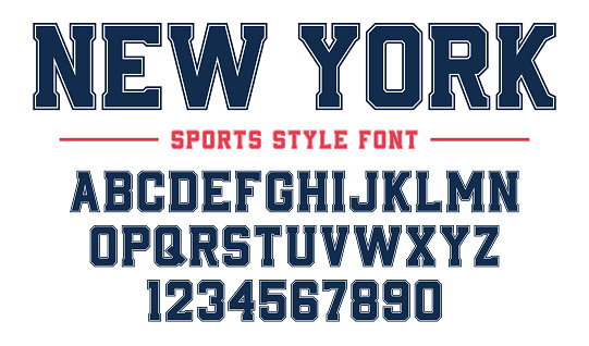 Classic college font. Vintage sport serif font in american style for football, soccer, baseball and basketball. Alphabet and numbers with outline in varsity style