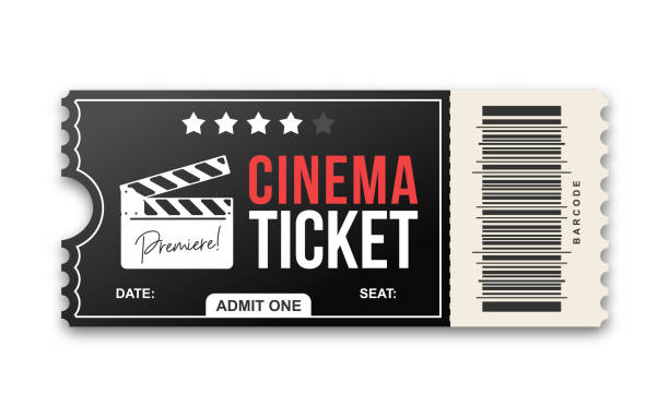 ilustraciones, imágenes clip art, dibujos animados e iconos de stock de billete de cine sobre fondo blanco. plantilla de ticket de película en colores negro y rojo - estreno