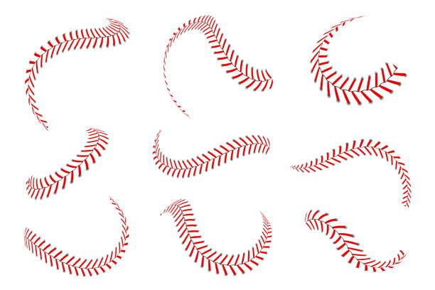 baseballspitzen gesetzt. baseballstiche mit roten fäden. sportgrafische elemente und nahtlose bürsten. rote schnürsenkel und stiche - baseball stock-grafiken, -clipart, -cartoons und -symbole