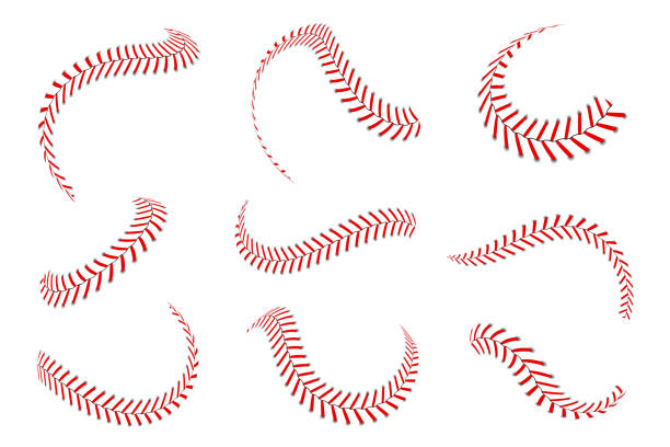 beyzbol dantel seti. kırmızı iplik ile beyzbol dikişleri. spor grafik elemanları ve dikişsiz fırçalar. kırmızı dantel ve dikişler - bağcık stock illustrations