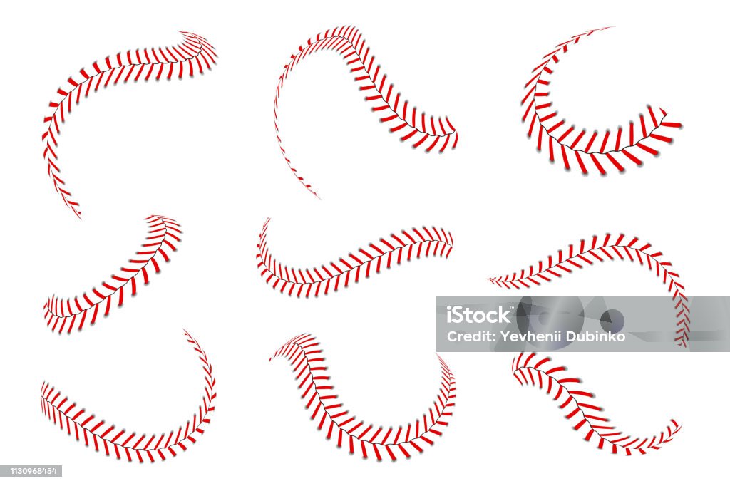 Baseball laces set. Baseball stitches with red threads. Sports graphic elements and seamless brushes. Red laces and stitches Baseball laces set. Baseball stitches with red threads. Sports graphic elements and seamless brushes. Red laces and stitches on white background Baseball - Ball stock vector