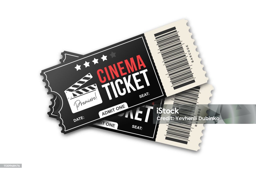 Due biglietti per il cinema su sfondo bianco. Modello di biglietti per film in colori nero e rosso - arte vettoriale royalty-free di Biglietto del cinema